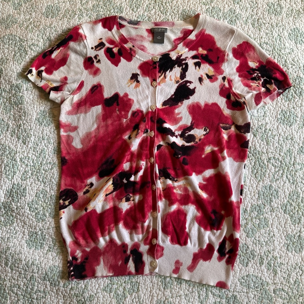 Ann Taylor Red and Black Patterned Cardigan